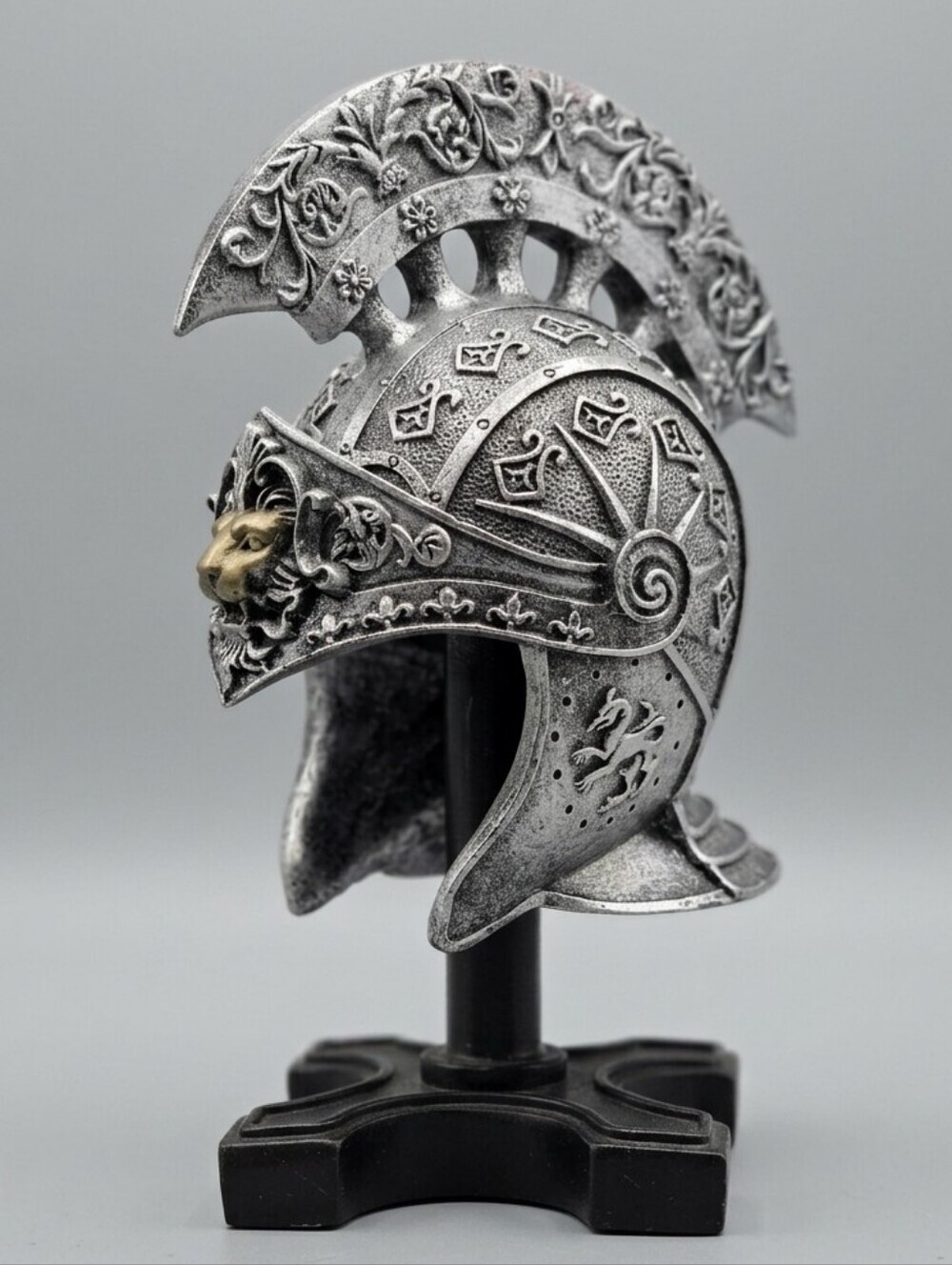 Antique Silver Lion-Accented Decorative Helmet Sculpture